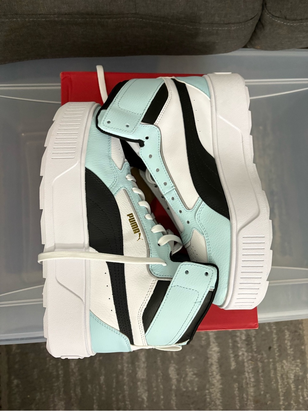 Puma Karmen Rebelle Mid Mint, White & Black Platform Sneakers